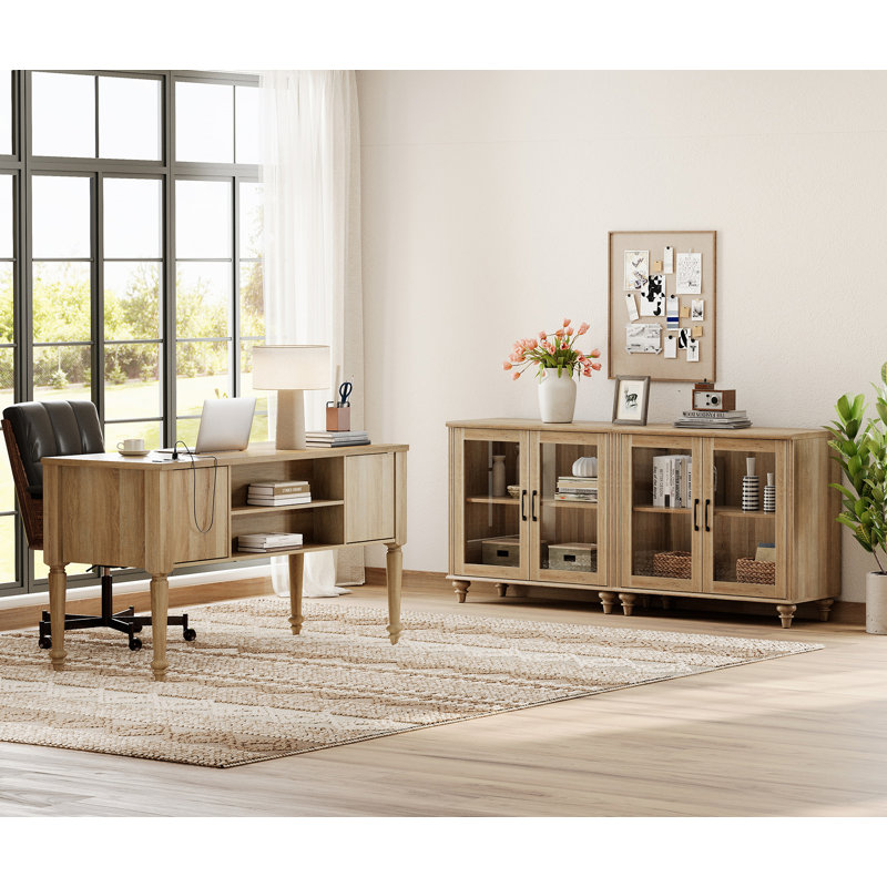 2 Piece Office Set, 56" Executive Desk & Set Of 2 Cabinets With Glass Door, Oak