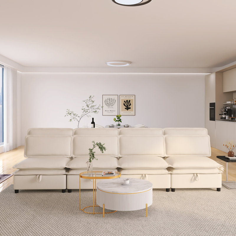 U-Style Double-Layer Cushion Modular Sofa With Storage Function,4 Soft Cushions---Compressed Packaging, Beige Polyester