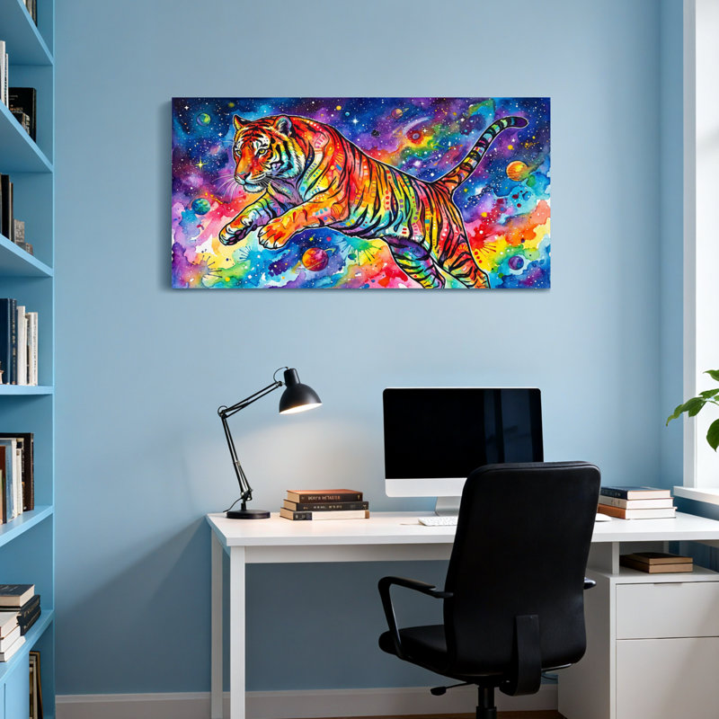 Animaux, tigre coloré, impression de fond cosmique, H 28 po x l 58 po