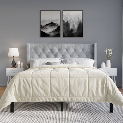 Eymi Velvet Upholstered Bed with 2 Nightstands