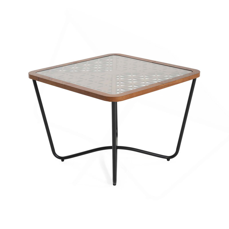 Table basse de conception industrielle avec plateau en verre trempé et structure en métal pour les espaces de vie modernes