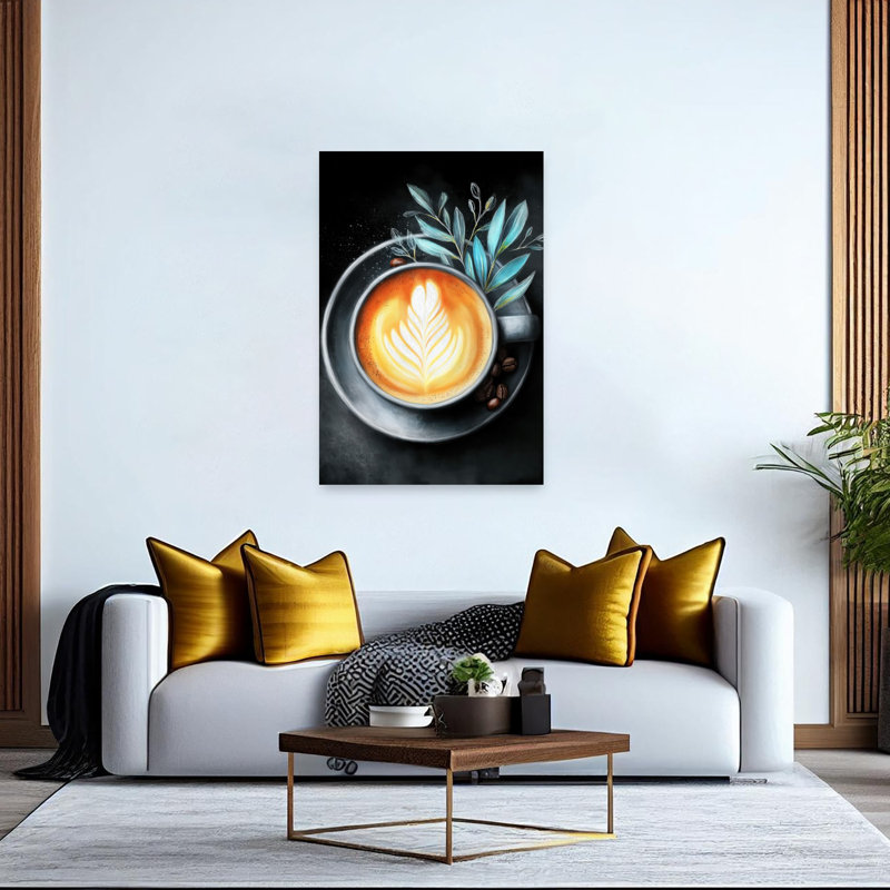 «Latte Art» et feuilles bleues abstraites, plante contemporaine, art mural, H 60 po x l 40 po