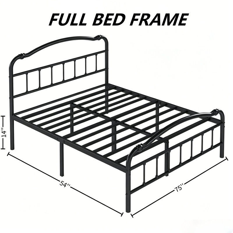 Structure de lit double de 14 pouces avec tête de lit incurvée, support de lattes en métal robuste, rangement sous le lit, aucun sommier requis, assemblage facile, noir