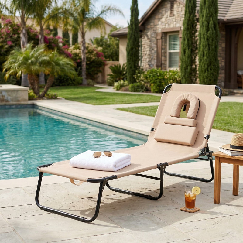 Fauteuil de bronzage extérieur pliable avec trou pour le visage respirant et 3 coussins moelleux amovibles pour la plage