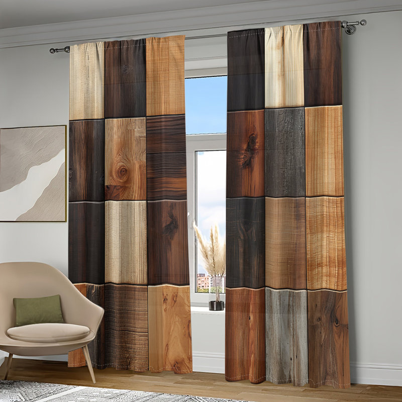 2Pcs Wooden Mosaic Pattern Curtains Rod Pocket Mount Multi-Tone Wood Texture Printed  Rustic Farmhouse for Living Room Bedroom Kitchen Home Decor Window Drapes