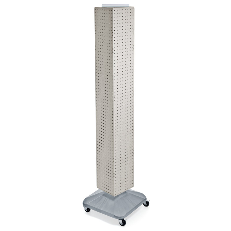 Four-Sided 8" W x 60" H Pegboard Floor Display on Wheeled Revolving Base Spinner Rack Tower, White