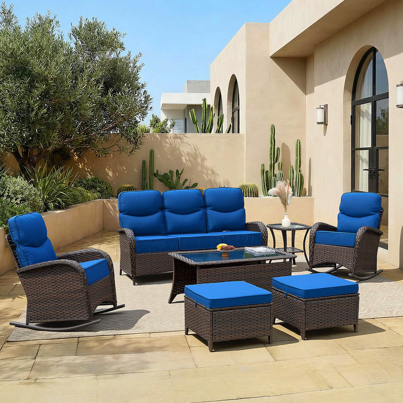 Luxury Patio Furniture Set with 6" Thick Cushions, High Back Outdoor Rocking Chairs, Ottomans and 3-seat Couch, 7 Pieces All Weather Conversation Set for Porch Deck Poolside Yard (Blue)