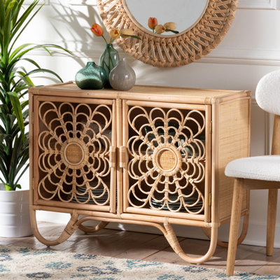 Bali & Pari Acelin Natural Rattan Storage Cabinet - Handcrafted Boho Accent Console With Floral Woven Doors, Natural Wicker Sideboard For Living Room by Dakota Fields