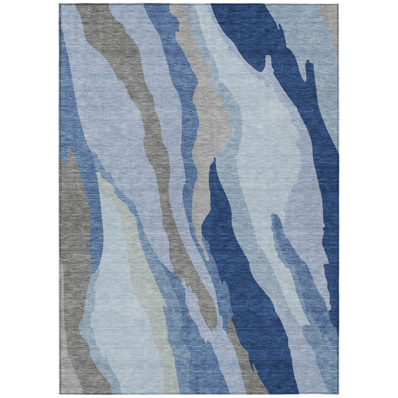 Blue Abstract Wave Pattern Washable Indoor/Outdoor Rug