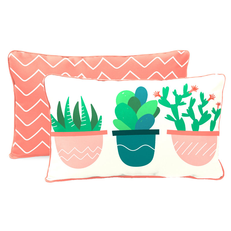 16" x 12" Outdoor Lumbar Throw Pillow with Welt, Green/Pink/White