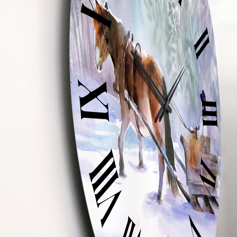 Cheval avec un traîneau dans un paysage enneigé - Horloge murale traditionnelle, Médium