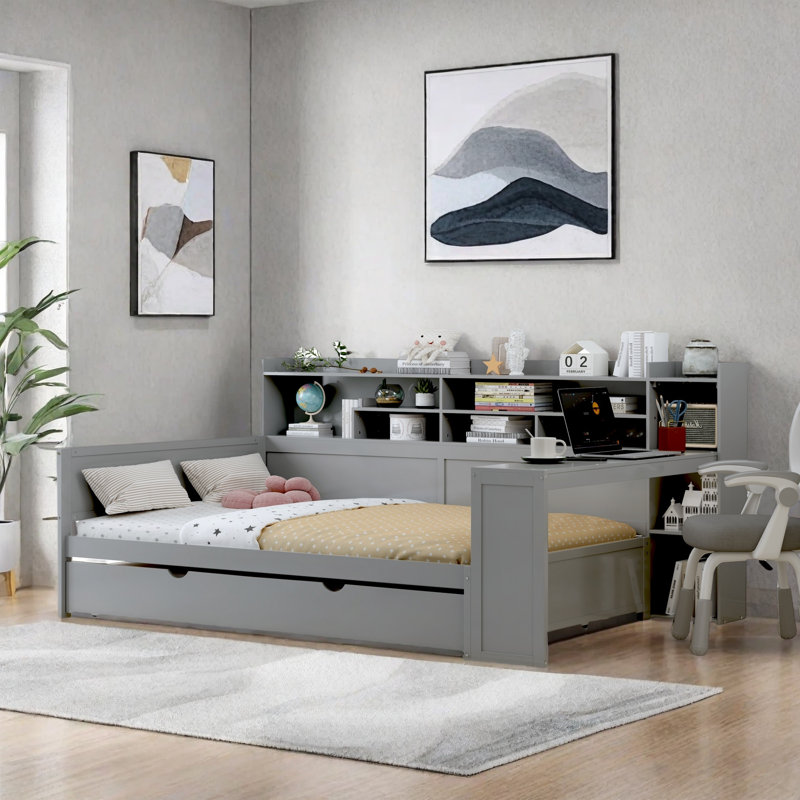 Lit de jour multifonctionnel avec bureau, lit gigogne et bibliothèque, Lit double, Gris