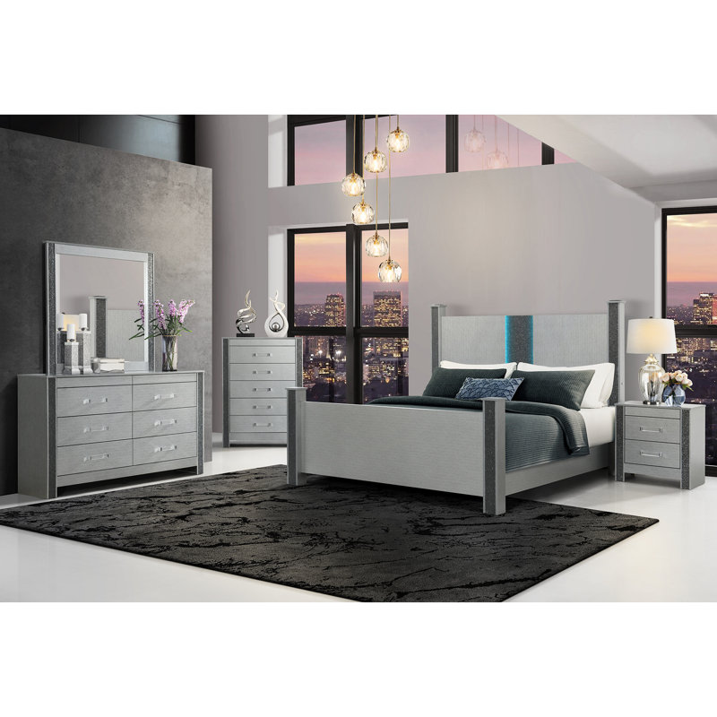 Table de chevet de chambre à coucher avec finition argentée et rangement caché pour bijoux