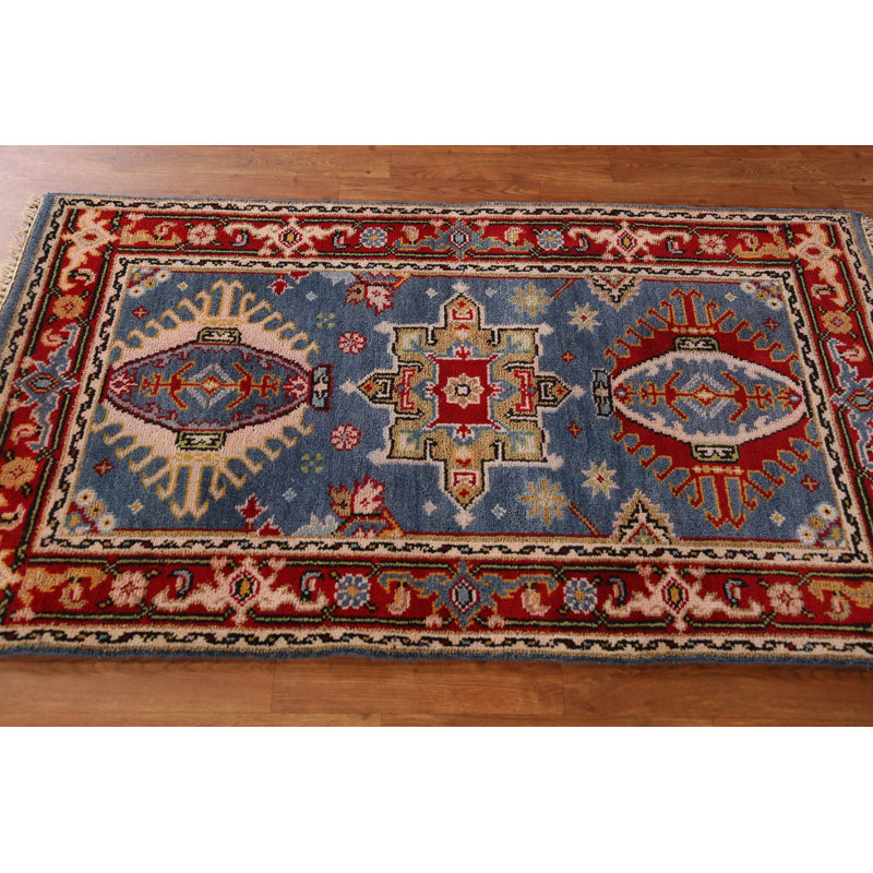 Tapis indien bleu à motif géométrique 3x5