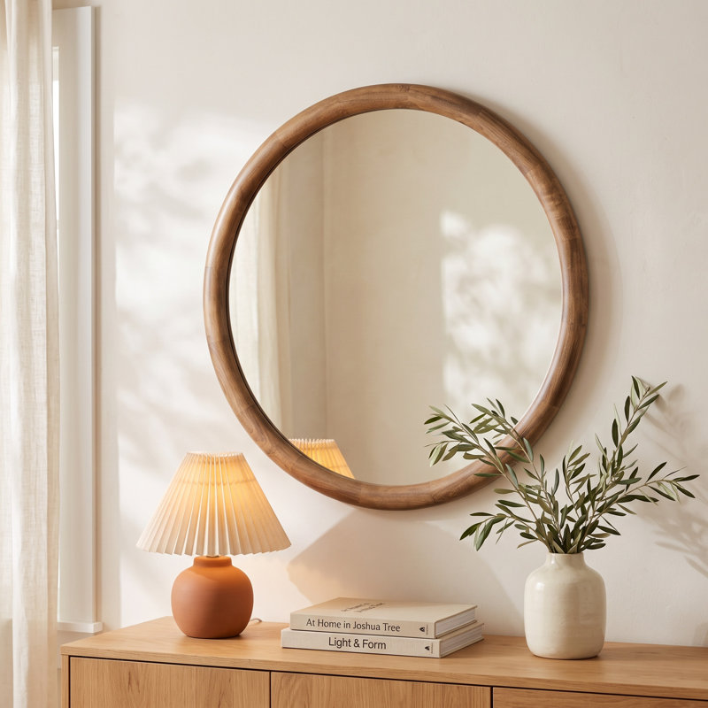 Breezewood Wooden Round Bathroom Wall Mirror, Rustic Brown