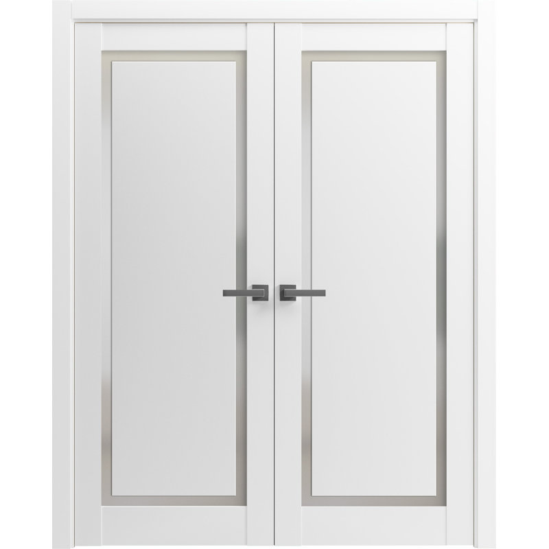 Portes françaises doubles solides | Planum blanc peint avec verre givré 0888 | Garnitures de cadre en bois massif | Portes robustes de chambre à coucher pour garde-robe