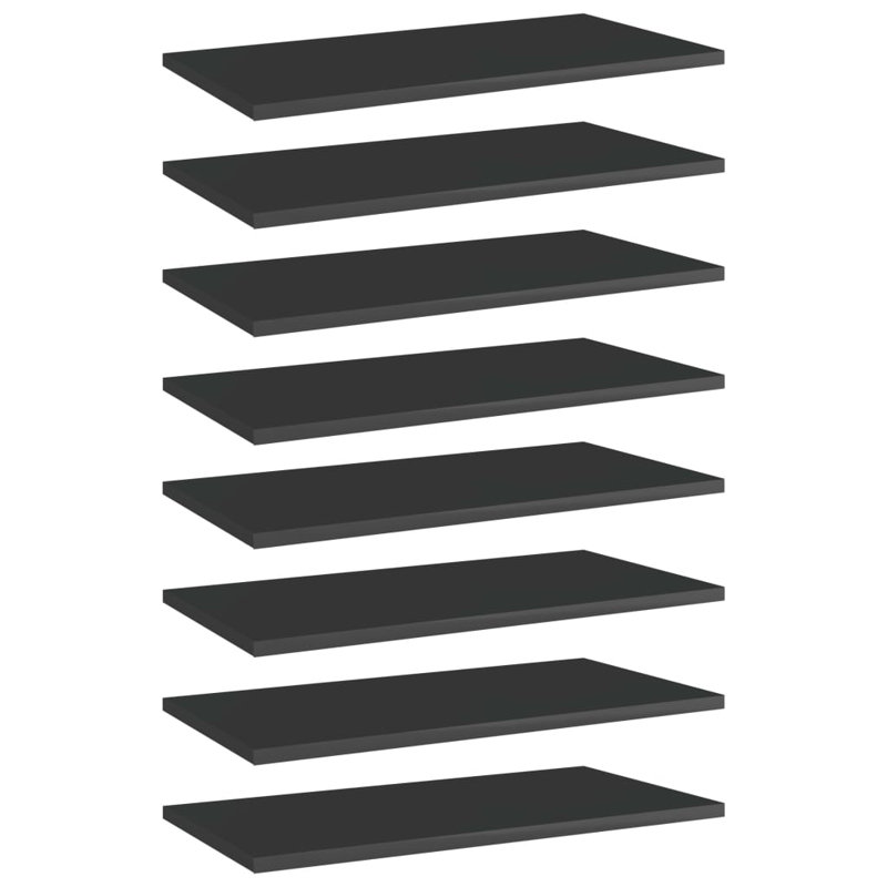 Bookshelf Boards 8 pcs Engineered Wood, High Gloss Black, (8 Shelves) 0.59" H x 15.75" W x 19.69" D