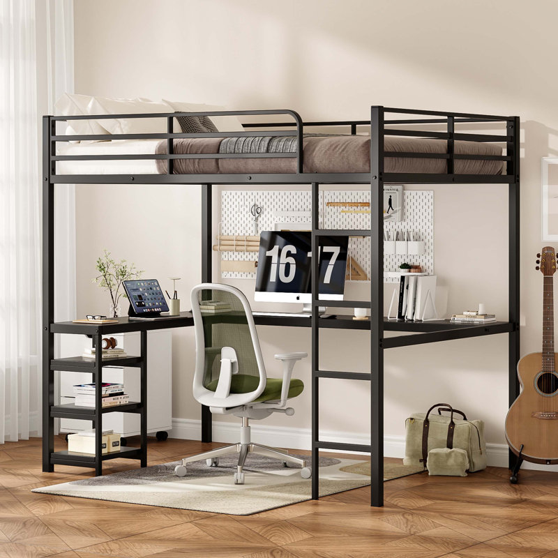Full Size Loft Bed With Desk & Open Shelves, Heavy Duty Metal Frame, Safety Guardrails, Ladder, And Vintage Wood Finish L-Shaped Desk, Black