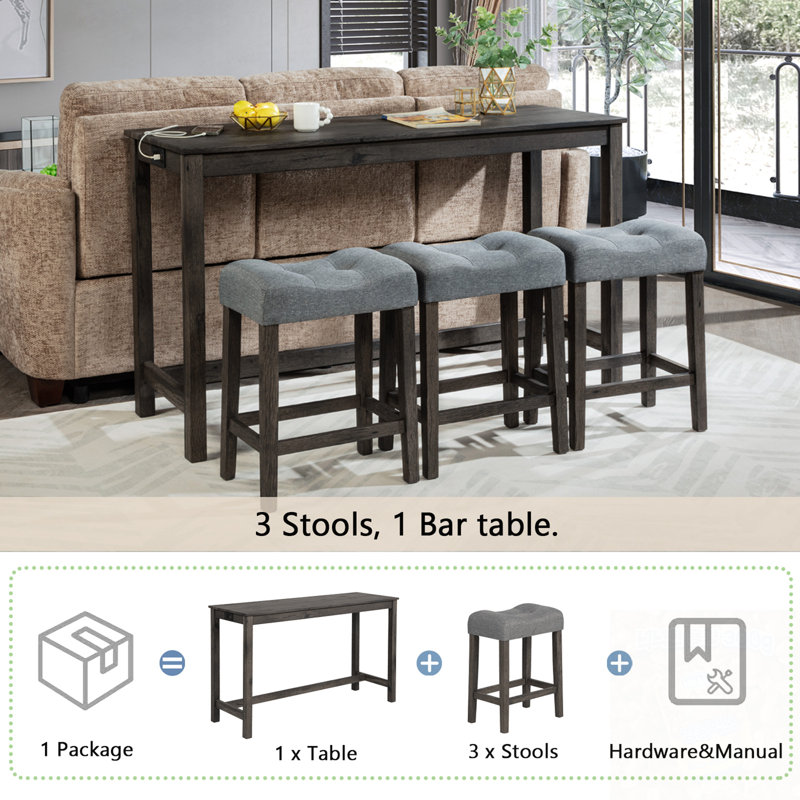 Ensemble de table de bar 4 pièces avec prise de courant et 3 tabourets rembourrés, Gris foncé