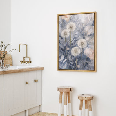 Muted Blue Botanical Dandelion Floral Nature Garden Decor Framed Canvas Master Bedroom Wall Art Work Print