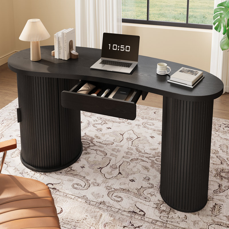 59 Inch Oval Shaped Computer Desk With Tambour Sliding Door, Executive Writing Office Desk With Drawer & Hidden Storage Cabinet