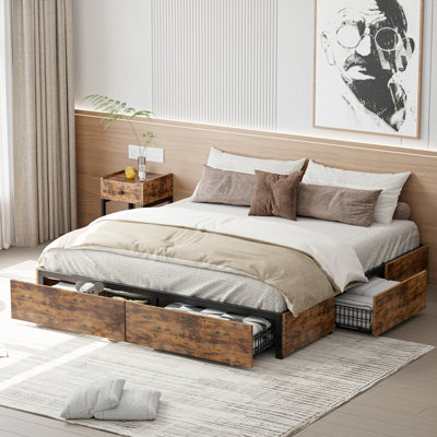 Queen Storage Platform Bed with Footboard and 4 Under Bed Drawers, Brown