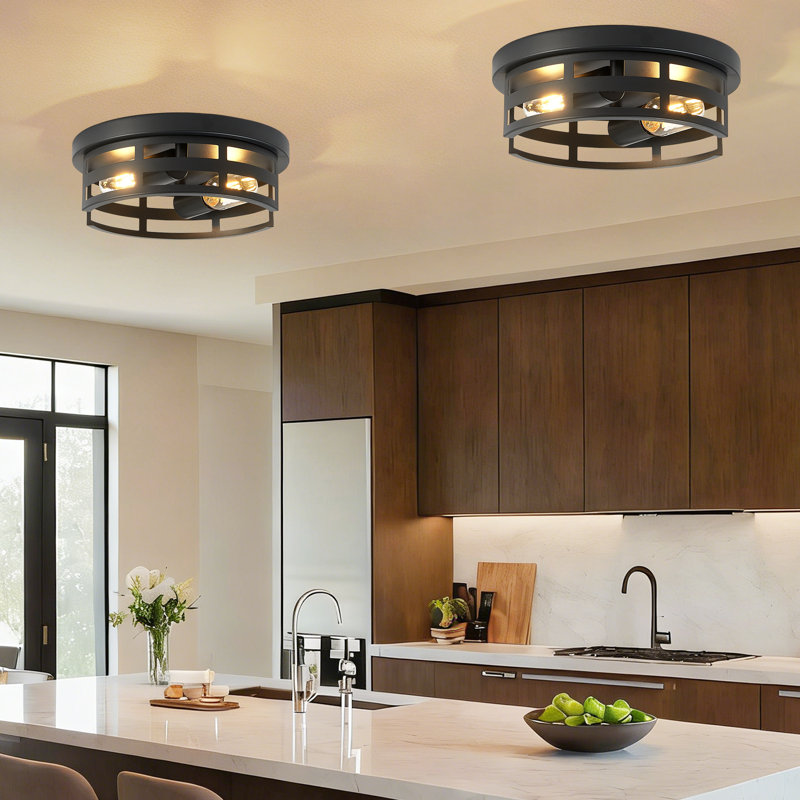 2-Light Farmhouse Flush Mount Ceiling Light, 2 Pack Black Metal Cage Light Fixture For Living Room, Entryway, 2 Lights
