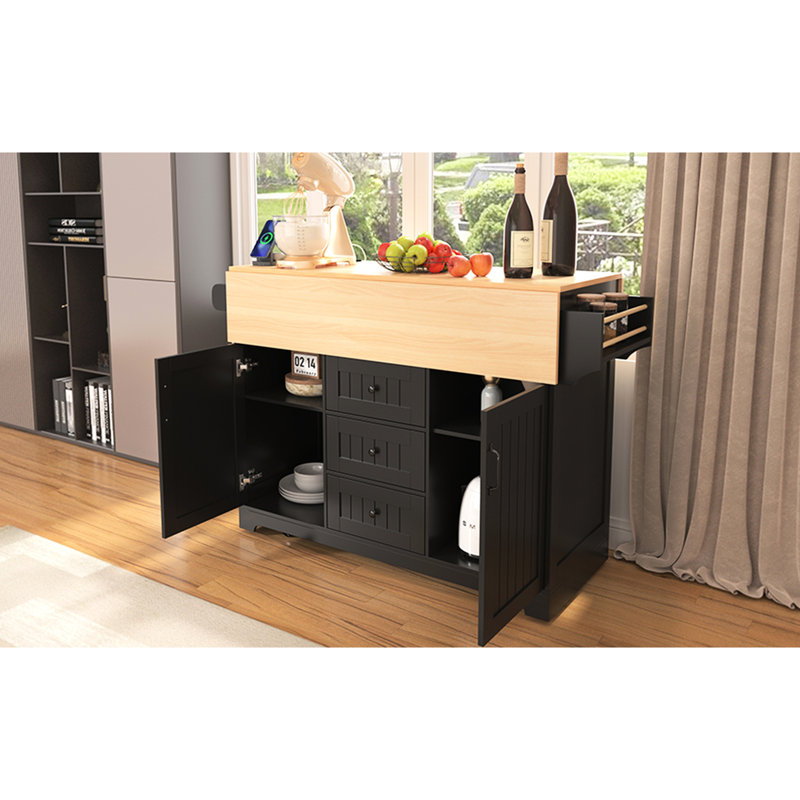 55.7" Kitchen Island With 2 Drop Leaf, Rolling, Power Socket, Folding Dining Table, 3 Drawers, Storage Area Cabinet, Black Mobile Cart, Plug, Storage, Look