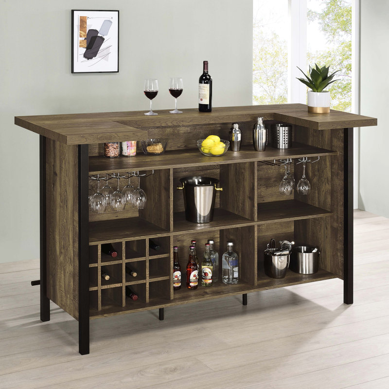 Freestanding Rustic Oak Bar With Large Two - Tier Surface, Wine Rack And Multiple Storage For Dining Room Setup In Finish, Six Rows Of Stemware