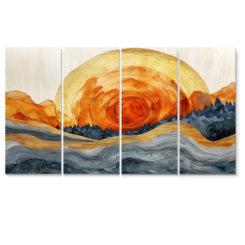 «Sunrise Tree In Forest Landscape I», art mural forêt - ensemble d'art mural traditionnel 4 pièces, H 28 po x l 48 po