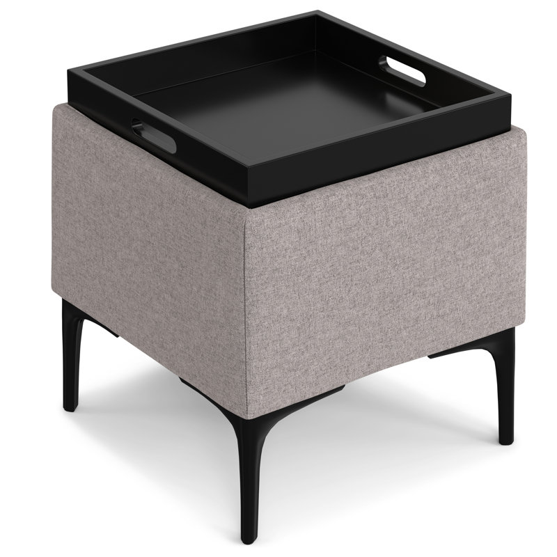 Cloud Grey Polyester Linen Storage Ottoman with Tray