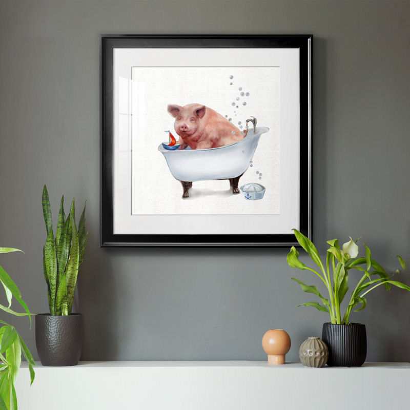 «Farm Tub Pig» - peinture encadrée, H 17,5 po x l 17,5 po x P 1,5 po, Toile avec cadre noir