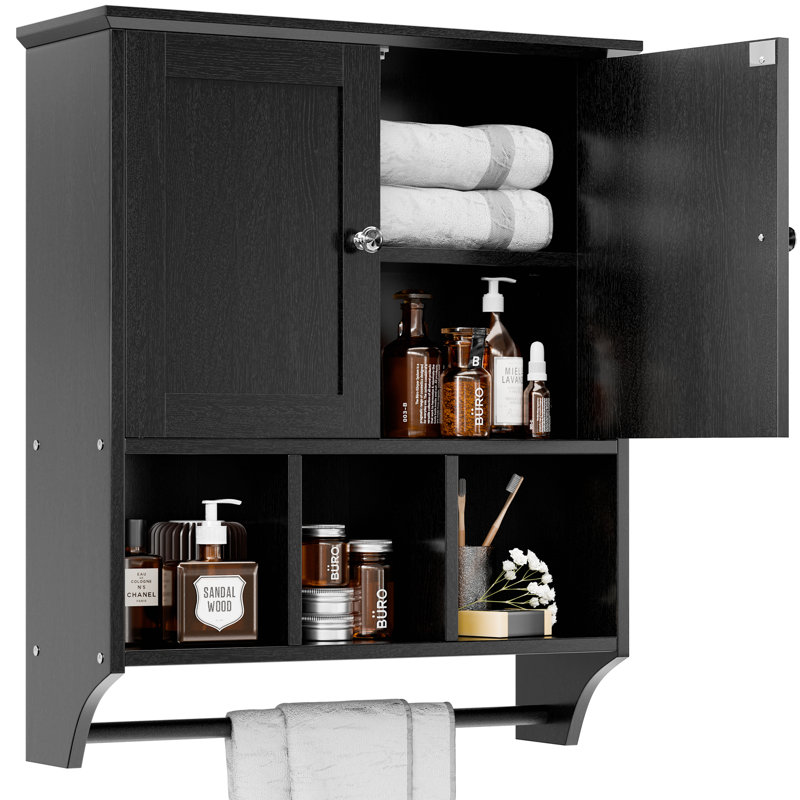 Armoire de salle de bain avec barre à serviettes et tablette, Noir