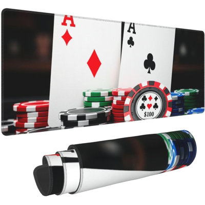 Poker Tournament Gambling Chips and Pair Cards Aces Casino Wager Games Large Mouse Pad Gaming Desk Mat XXL Non-Slip Rubber Base Durable Stitched Edges Work Play, 15.7 x 35.54 in