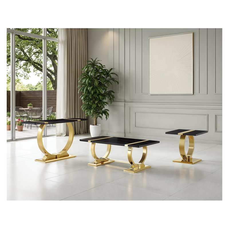 Ensemble de salon de luxe de style contemporain 3 pièces, 1 table basse, 1 table de bout, 1 table de canapé, base en tréteaux, finition noire et dorée