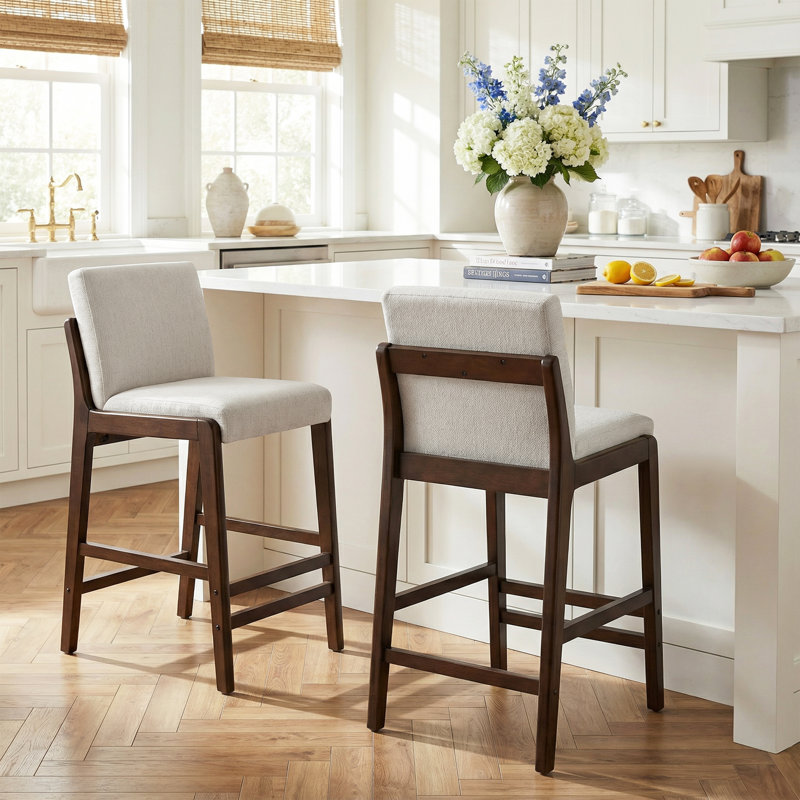 Tabouret de bar rembourré Ryden, Siège beige / structure noyer foncé, 2
