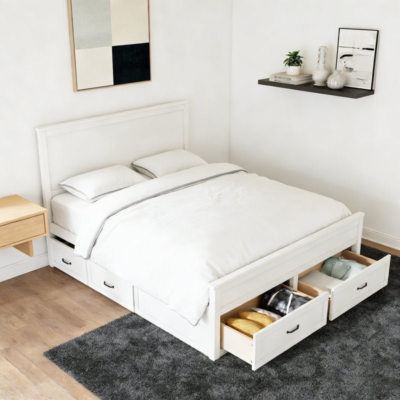 Structure de lit moderne avec 6 tiroirs, lit plateforme avec support à lattes en bois, sans sommier tapissier, blanc, Blanc