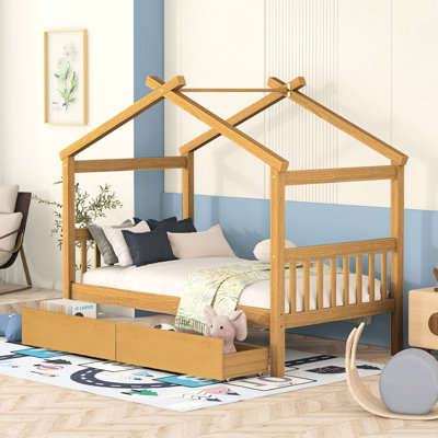Lit simple en bois avec tiroirs, couleur naturelle, structure solide, rangement spacieux pour les livres de papeterie