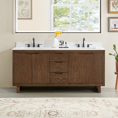 Meuble-lavabo double 72 po en chêne brossé brun avec grain de pierre blanc Mowry