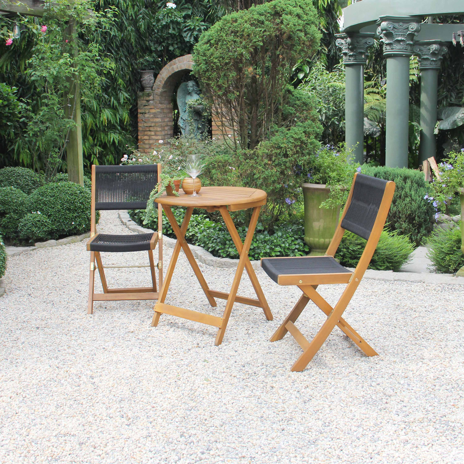 Vanelly 3-Piece Foldable Wood Bistro Set, Brown/Black