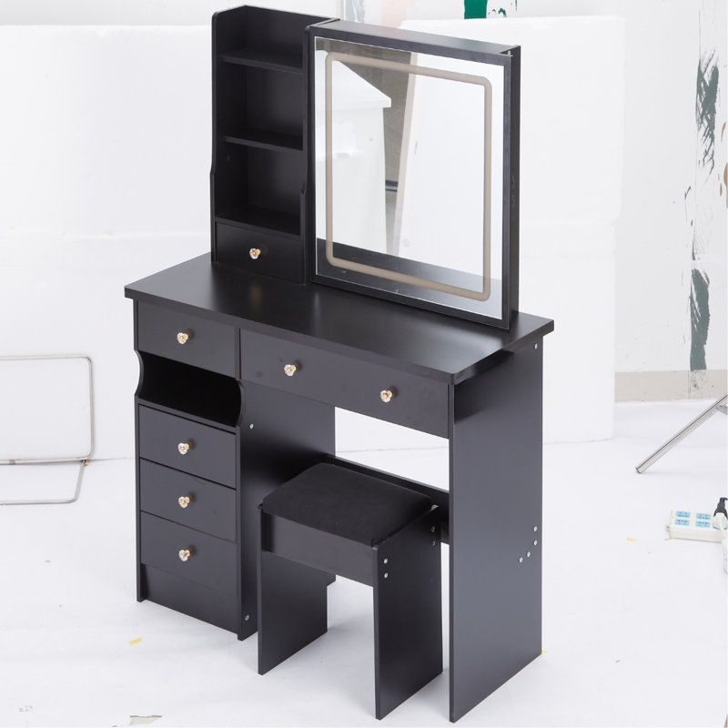 Ensemble de meuble-lavabo de 37 po avec tiroir à gauche et commode tabouret de taille moyenne 37 po, 2 prises CA + 2 prises USB, support pour sèche-cheveux, grand miroir coulissant à DEL à commande tactile, interrupteur 3 couleurs