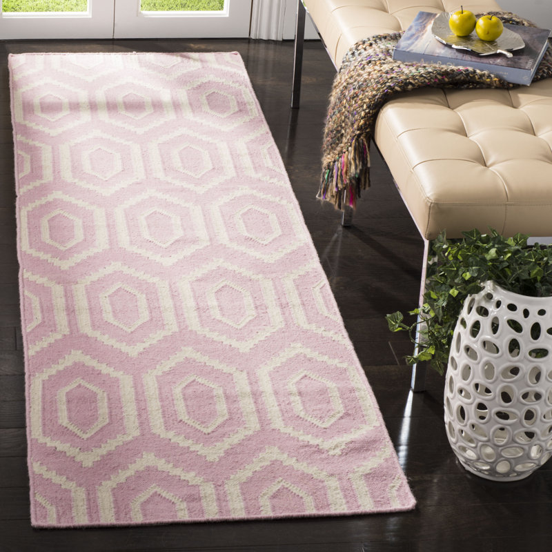 Waukena Hand Woven Flat Weave Wool/Cotton Geometric Rug in Pink/Ivory, Runner 2'6" x 12'