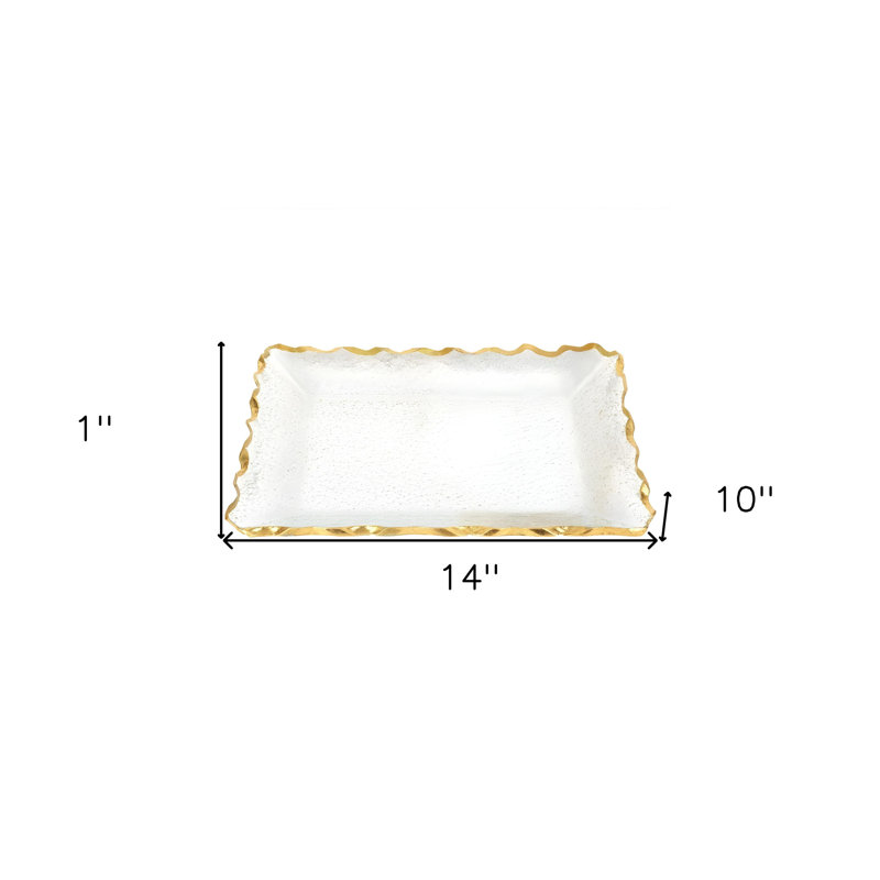 Is-Haaq Bubble Glass Scalloped Gold Rim Rectangular Platter Or Tray