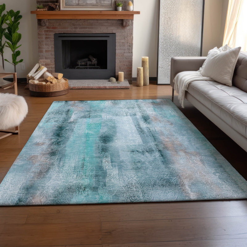 Teal Rectangular Washable Non-Slip Synthetic Rug 46" x 30"