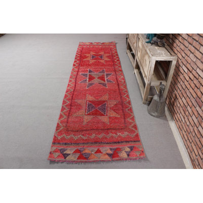 Hand-Knotted Wool Turkish Runner Rug in Red for Kitchen - Vintage Herki Style