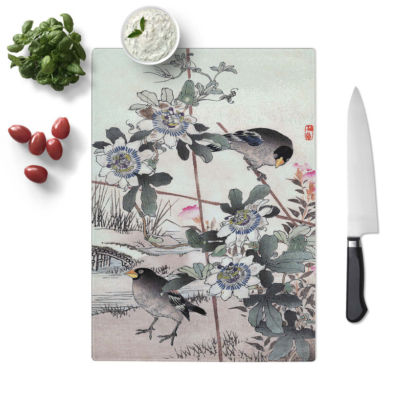 Tempered Glass Birds in the Garden Chopping Board, 28.5 cm W x 39 cm L