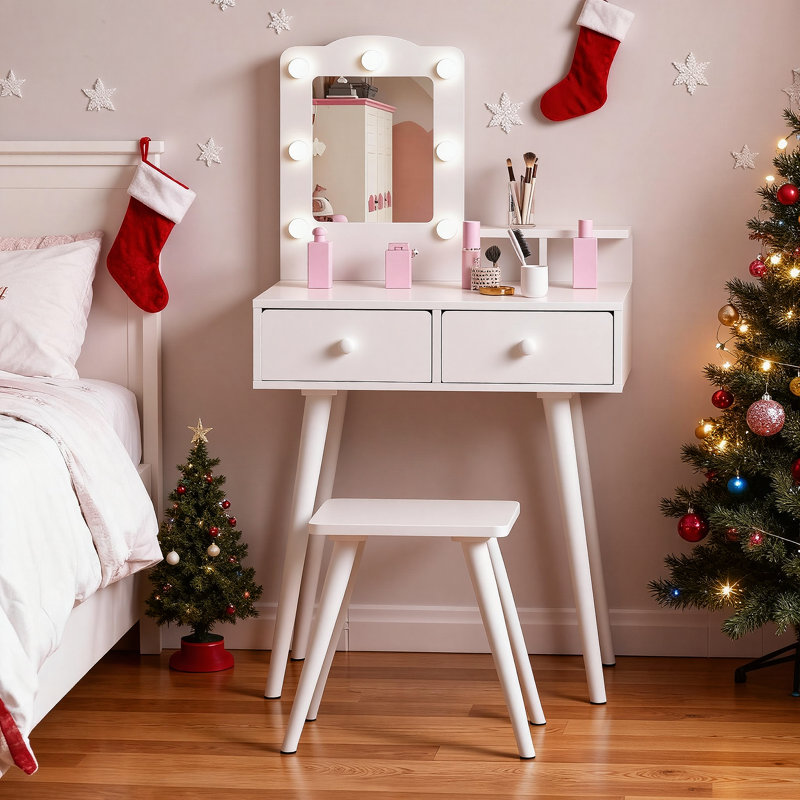 Kids Vanity Set And Mirror, Wooden Pretend Play Vanity Table And Chair Set For Girls With Stool, Drawer, Princess Makeup Dress-up Toy For Toddlers 3+year Old (white)