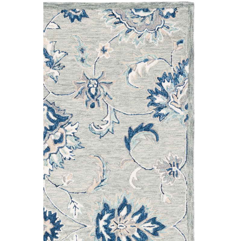 Saguenay Micro-Loop Hand Tufted Wool/Cotton Floral Rug in Blue, Square 5'