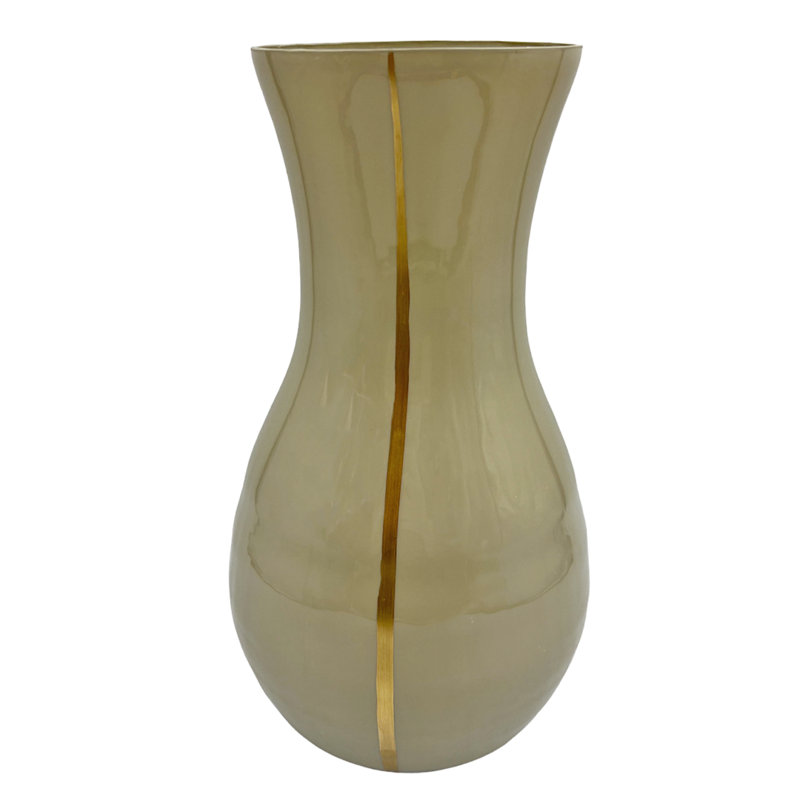 Santara Handmade Glass Table Vase for Flowers with Stripe Design, Ivory