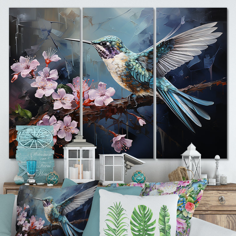 Émeraude rose flottant - Colibri, art mural animal, H 28 po x l 36 po, Toile tendue